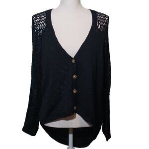 Mustard Seed Oversized Black Loose Knit High Low V-Neck Cardigan Sweater Size S